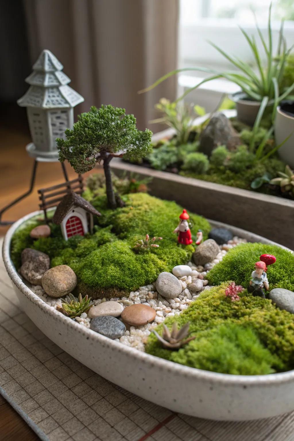 A tabletop dish garden featuring lush moss, small stones, and charming miniature garden figurines.