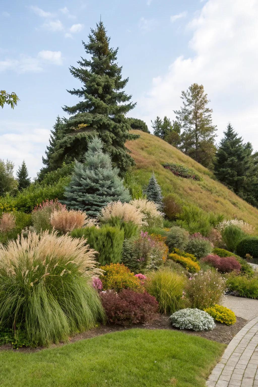 Evergreens and grasses add texture to garden mounds.