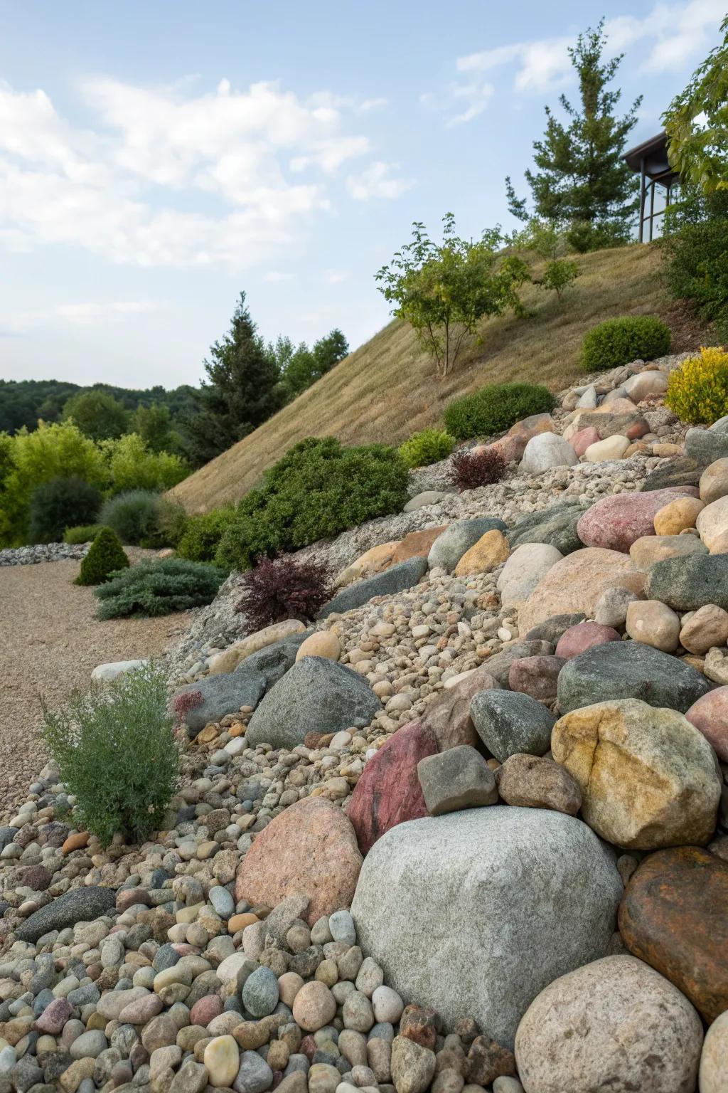 A rock garden transforms the mound into a natural landscape feature.