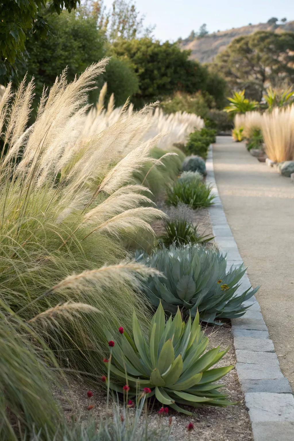 A striking contrast of textures with muhly grass and succulents.