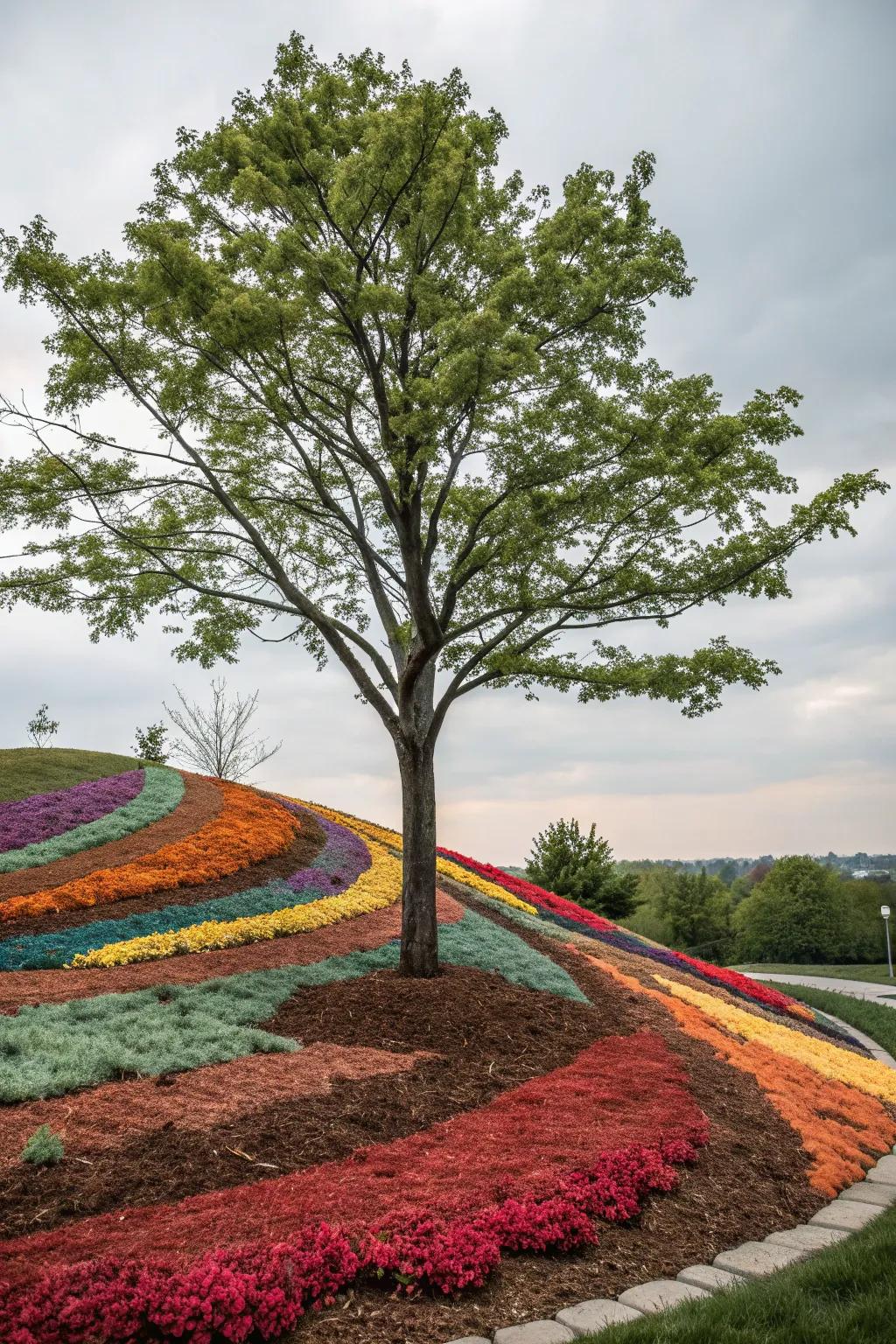 A colorful mulch mix adds a playful touch to your garden.