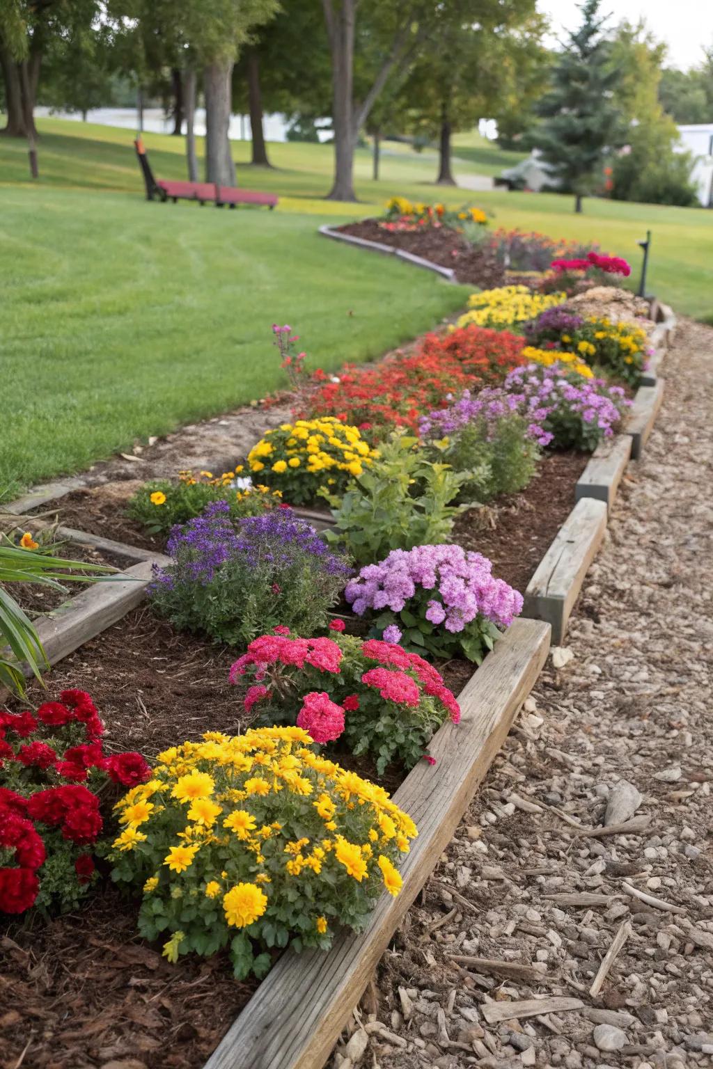 Vibrant garden beds elegantly bordered by mulch.