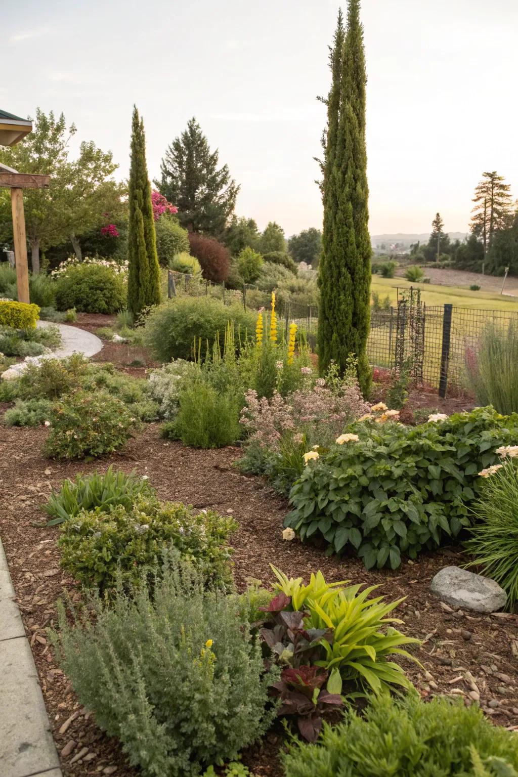 Lush plant groupings enhanced by mulch.