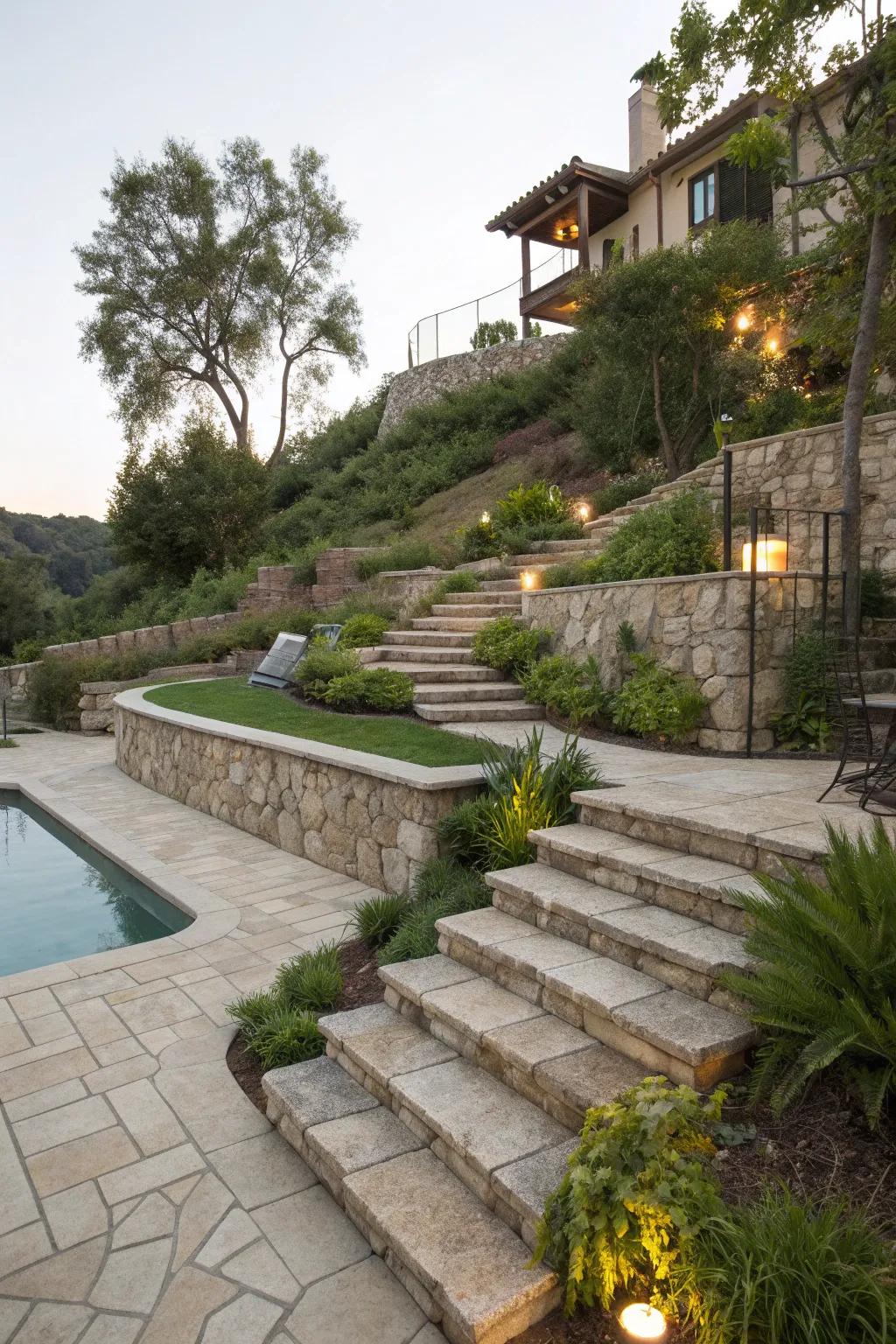 Terraced landscaping with stone steps adds depth and dimension.
