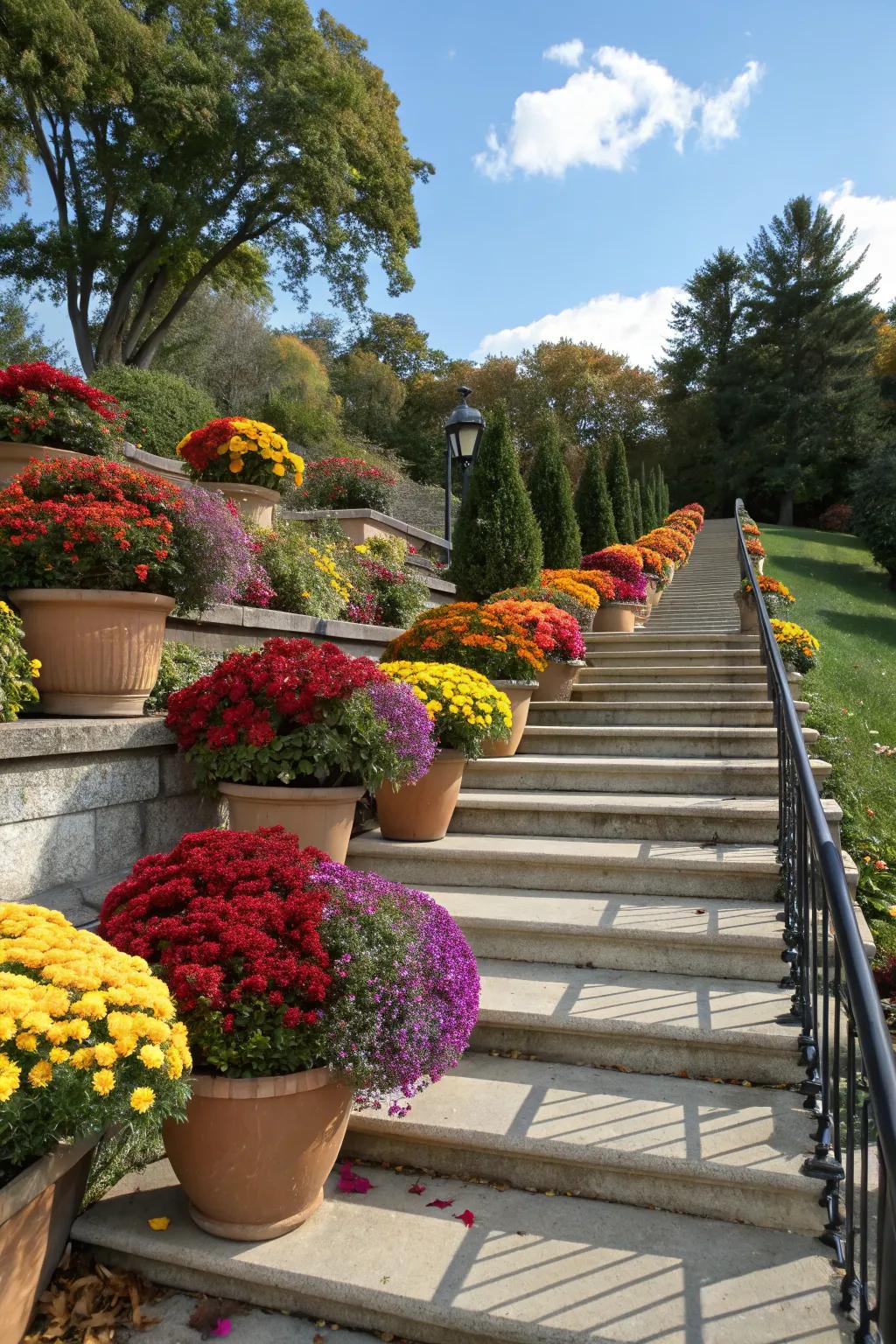 Line your steps with mums for a colorful and inviting entrance.