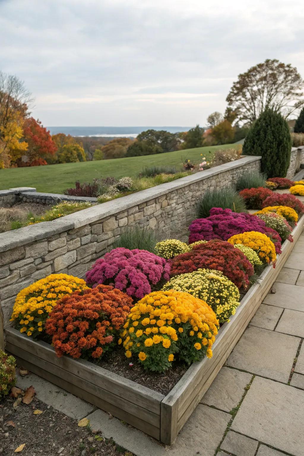 Raised beds showcasing vibrant mums.