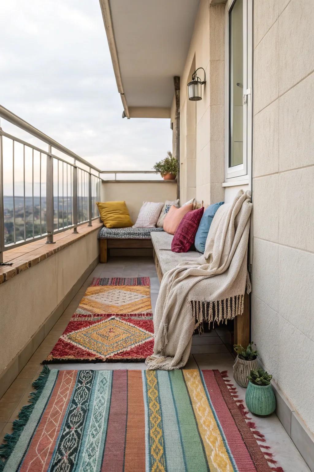Cozy textiles transform balconies into inviting spaces.