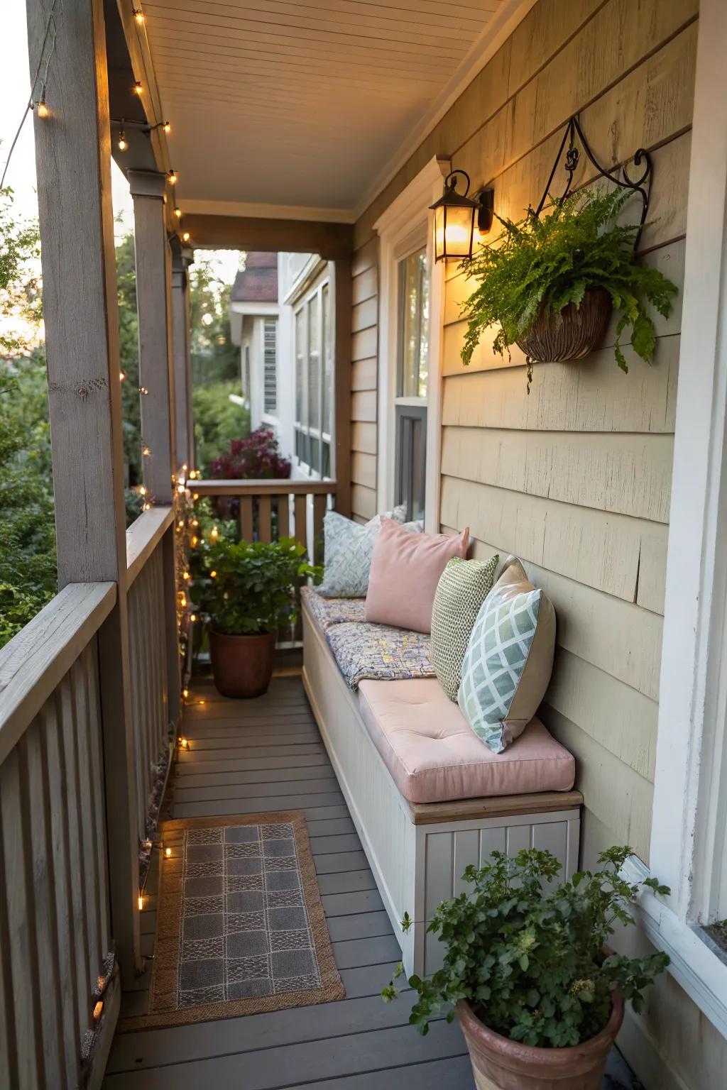 Compact seating creates a cozy, welcoming spot on a narrow porch.