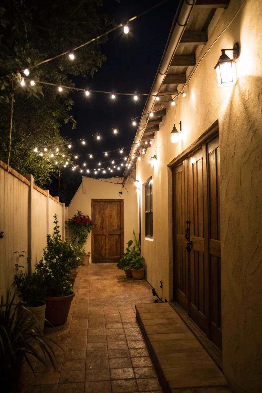 String lights adding ambiance to a narrow patio.