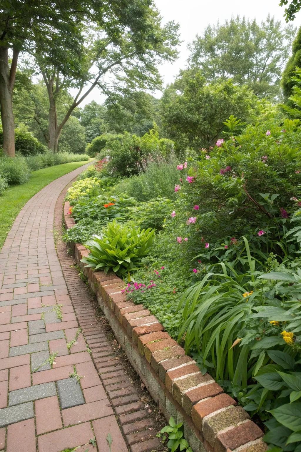 Neat brick edging defines this beautiful narrow planting strip.
