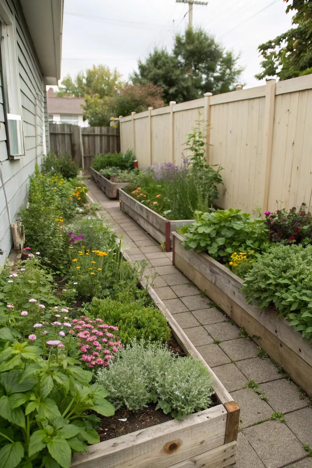 Raised garden beds bring structure and function to narrow spaces.