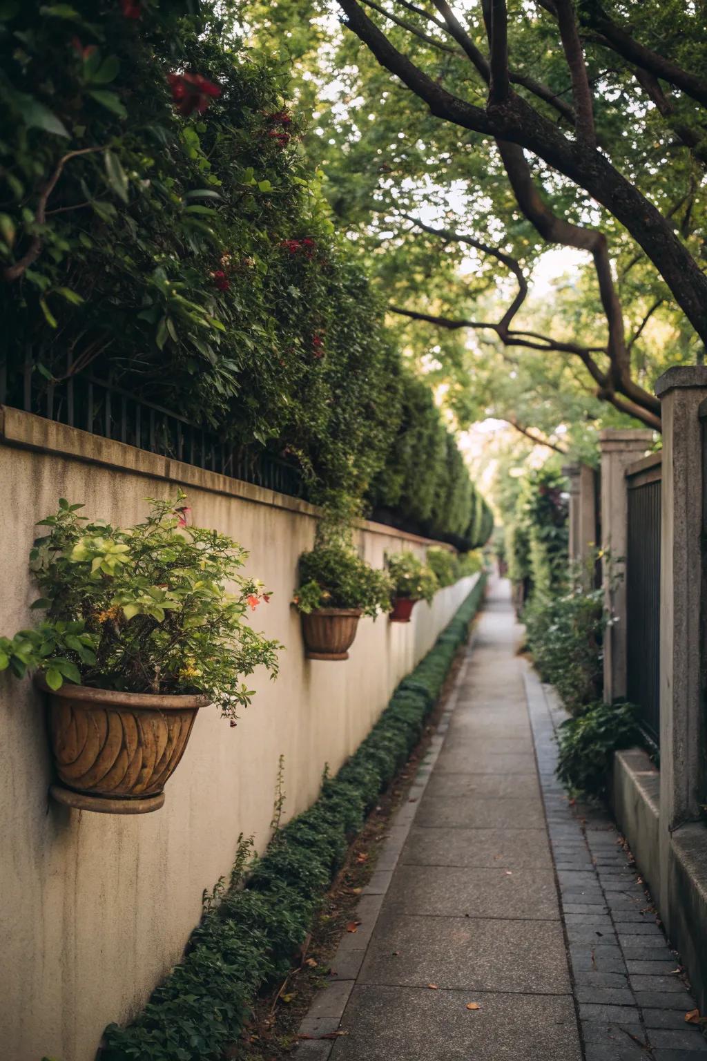 A narrow walkway featuring wall-mounted planters with lush greenery.