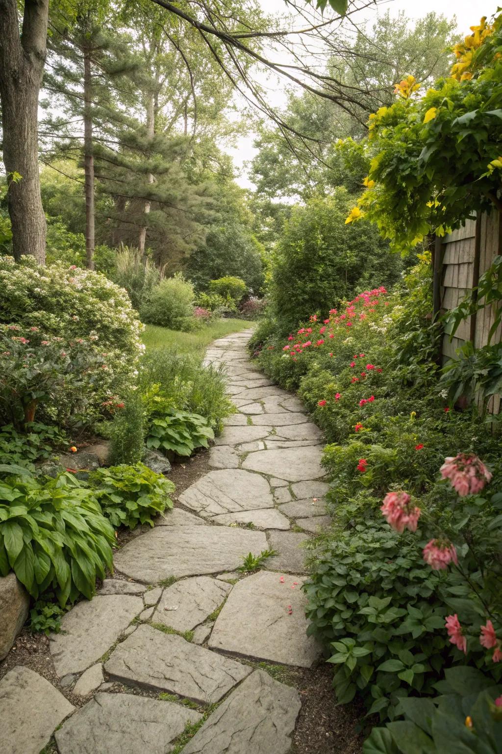 A rustic stone pathway meandering through a green garden.