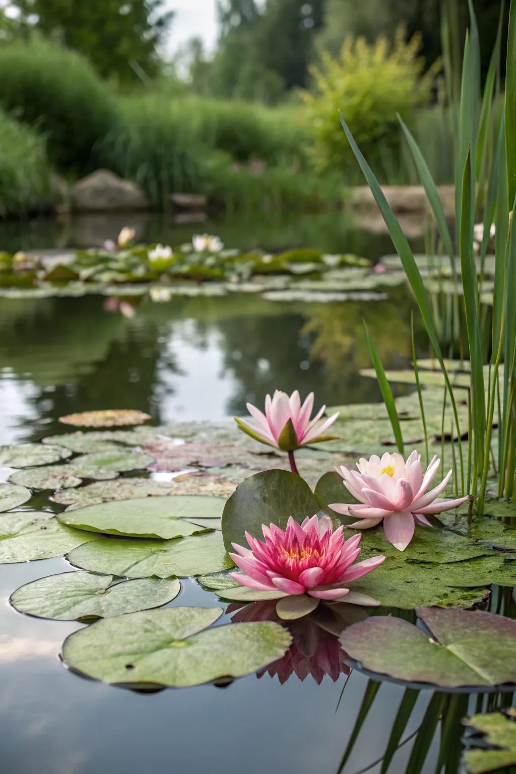 Water lilies floating gracefully on a garden pond.