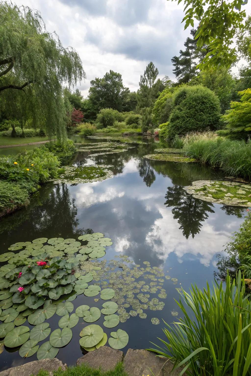 A peaceful pond nestled within a lush garden setting.