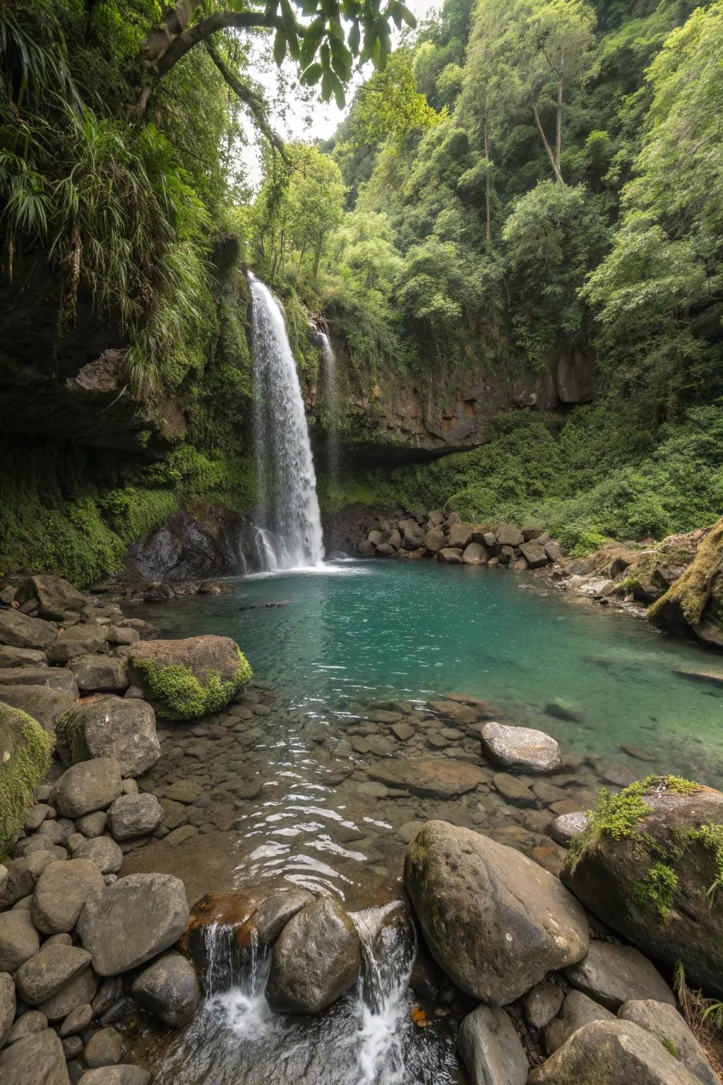 A cascading waterfall adds serenity and movement to this natural pool.