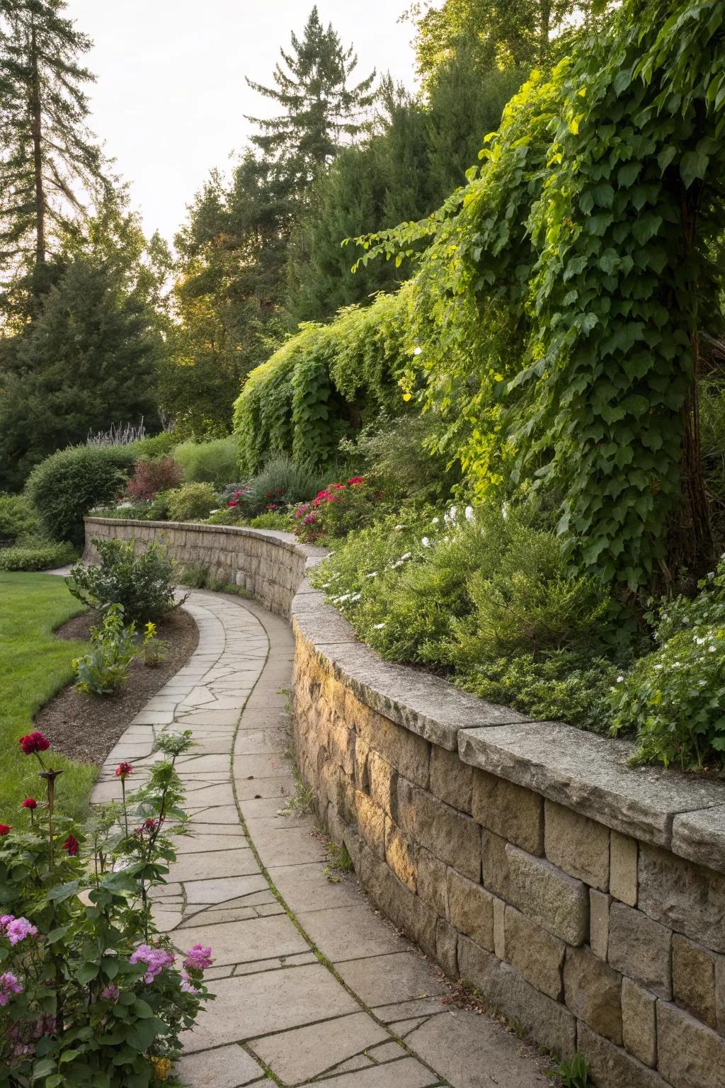 A curved stone wall seamlessly blending into the garden landscape.