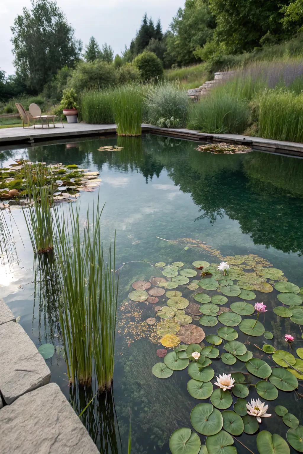 A natural swimming pool adorned with water lilies and reeds, creating a serene aquatic haven.