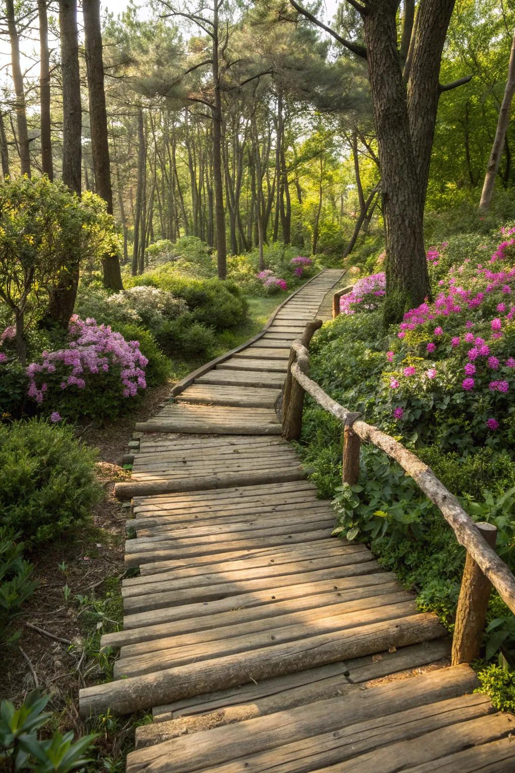 Add warmth with a rustic wood walkway