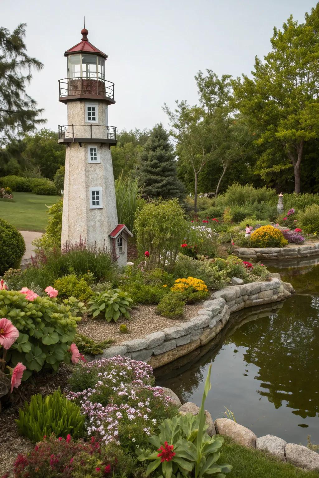 Bring coastal allure to your garden with a charming miniature lighthouse.