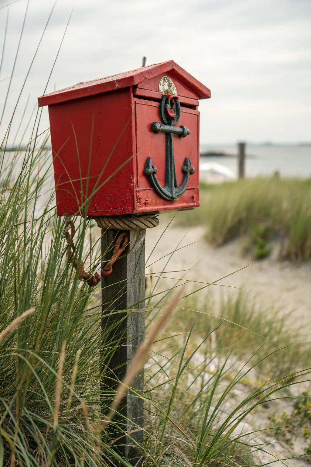 A mailbox embellished with a metal anchor.