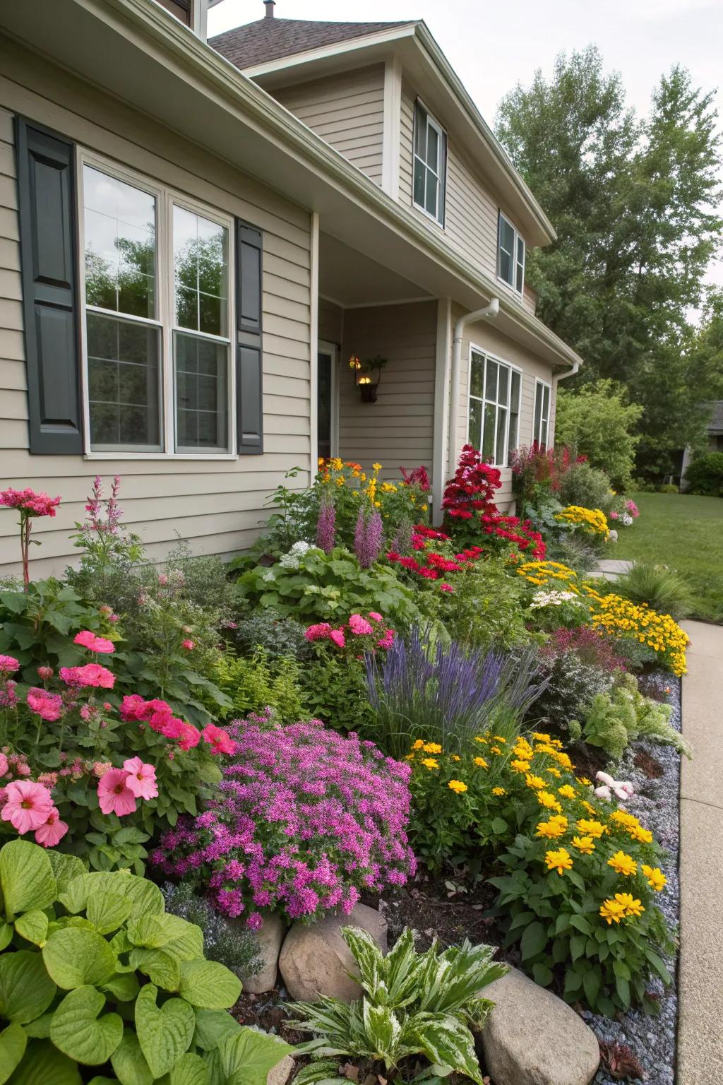 A garden bed full of vibrant flowers that enhance the front yard.