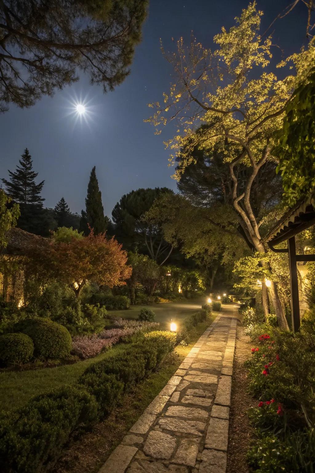Ambient lighting transforms a garden into a nighttime wonderland.
