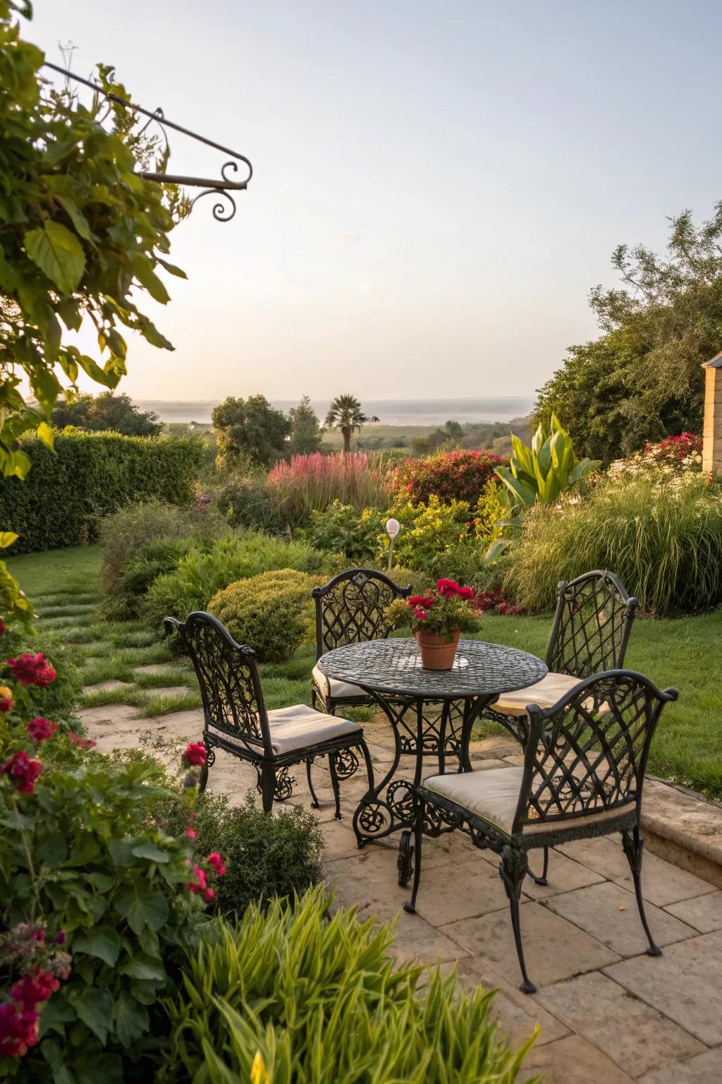Elegant wrought iron furniture adding charm to a lush garden setting.