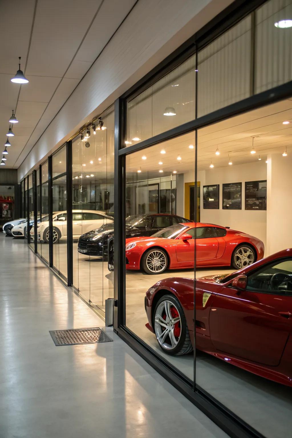 Luxury cars elegantly displayed in a modern garage setting.