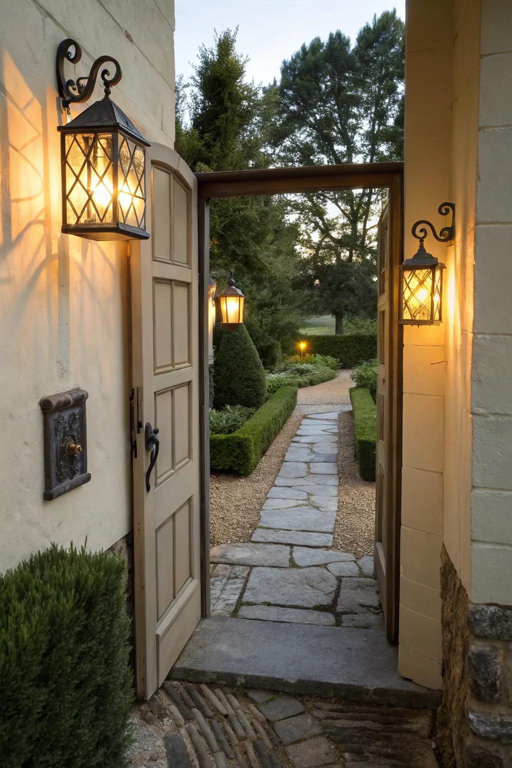 Wall-mounted lanterns elegantly frame the entrance.