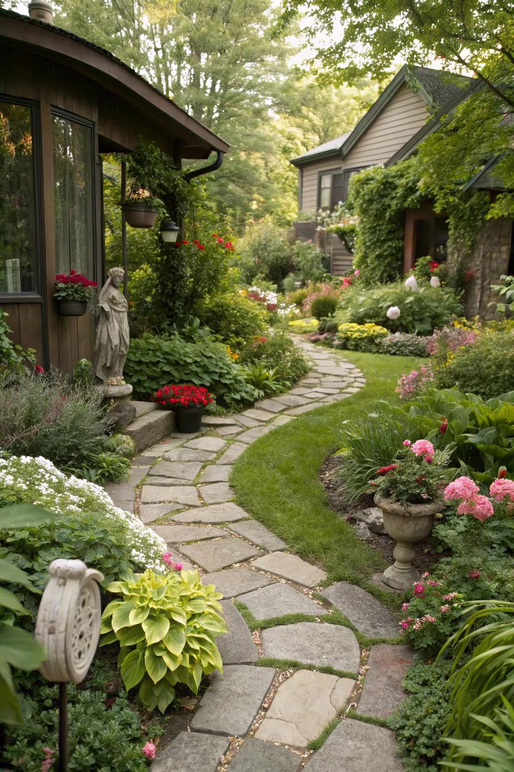 A welcoming stone path leading through a front yard.