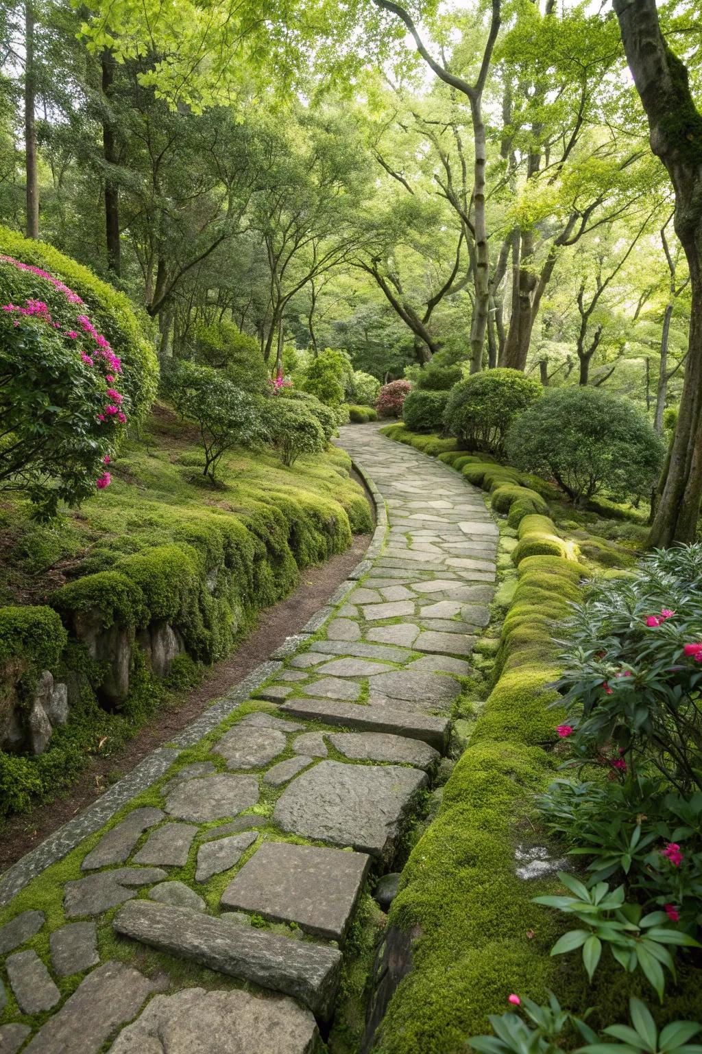 A charming stone pathway weaving through a lush, shaded garden.