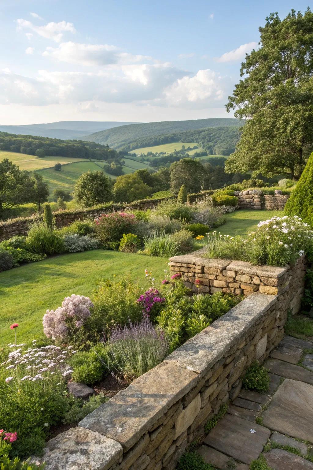 Rustic stone walls and borders adding structure to a northeast garden.