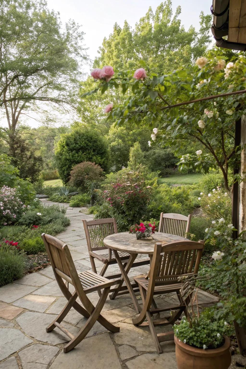 A patio seating area offers a perfect spot to unwind and enjoy the garden.