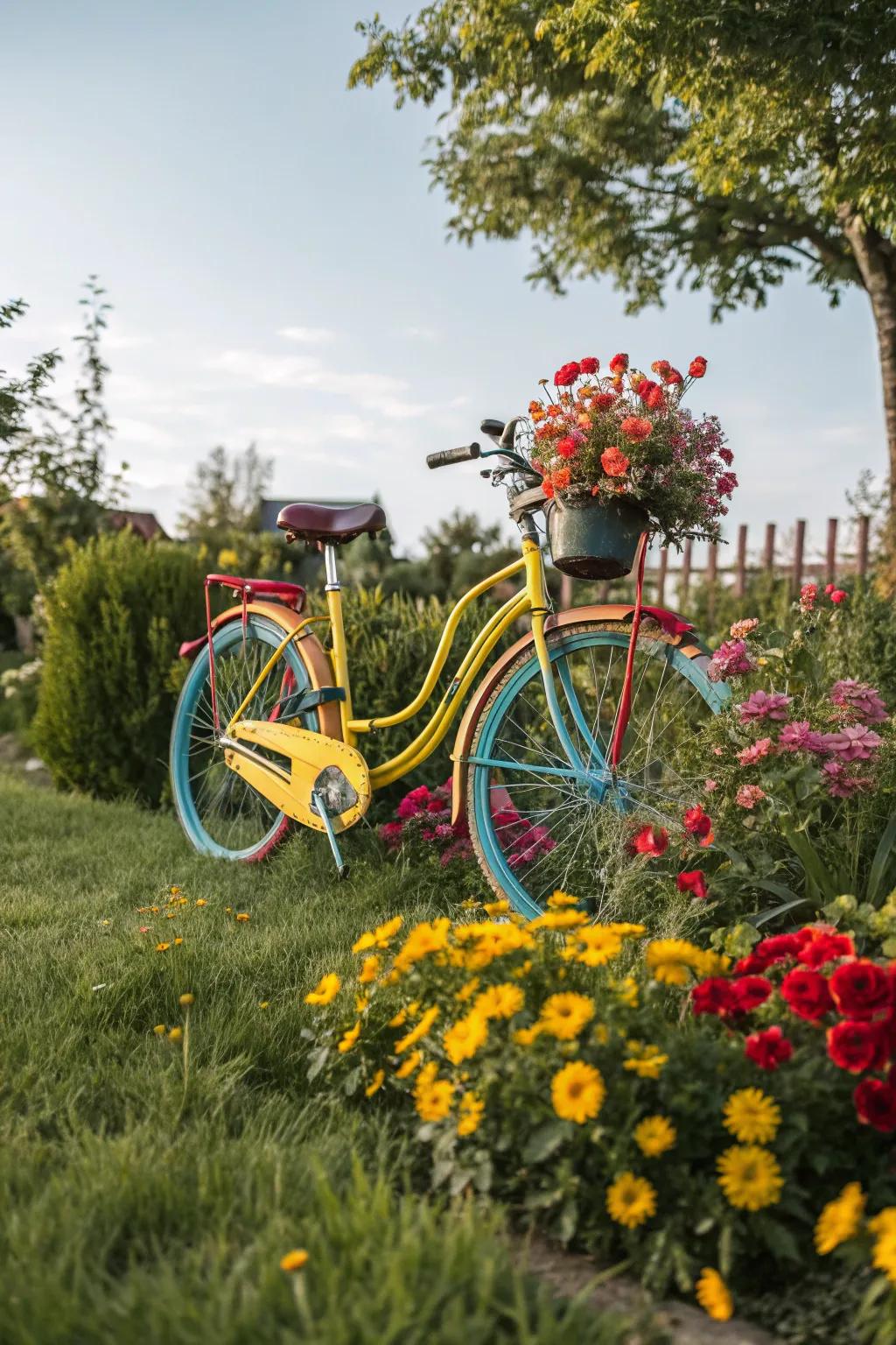 Bright paint transforms a bicycle into a garden centerpiece.