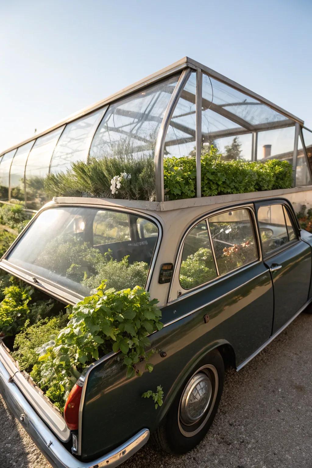 A vintage car repurposed as a charming greenhouse.