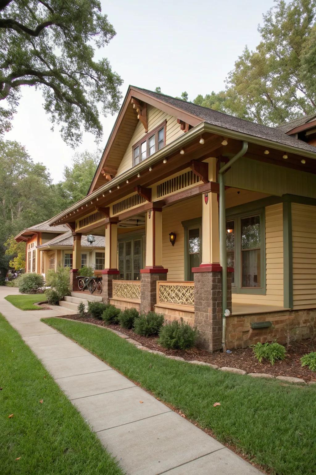 Craftsman details with decorative pillars and exposed rafters.