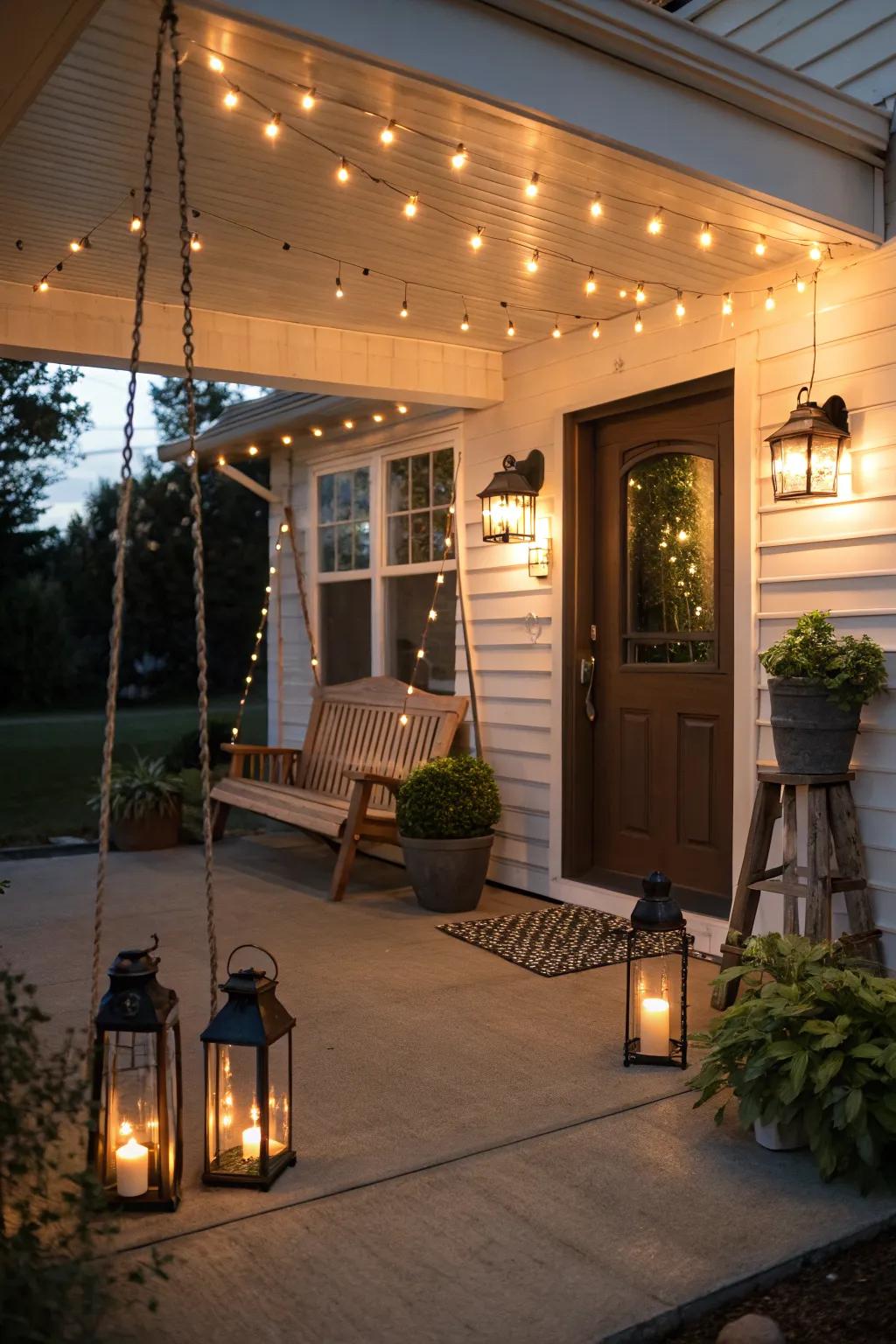 A porch aglow with ambient lighting for evening charm.