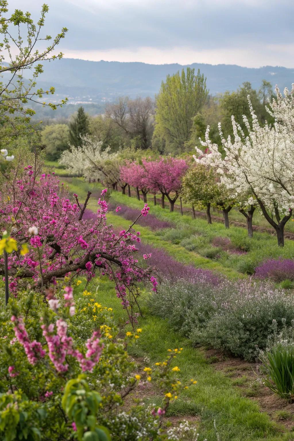 A lively mix of vegetation enhances the orchard's aesthetic.