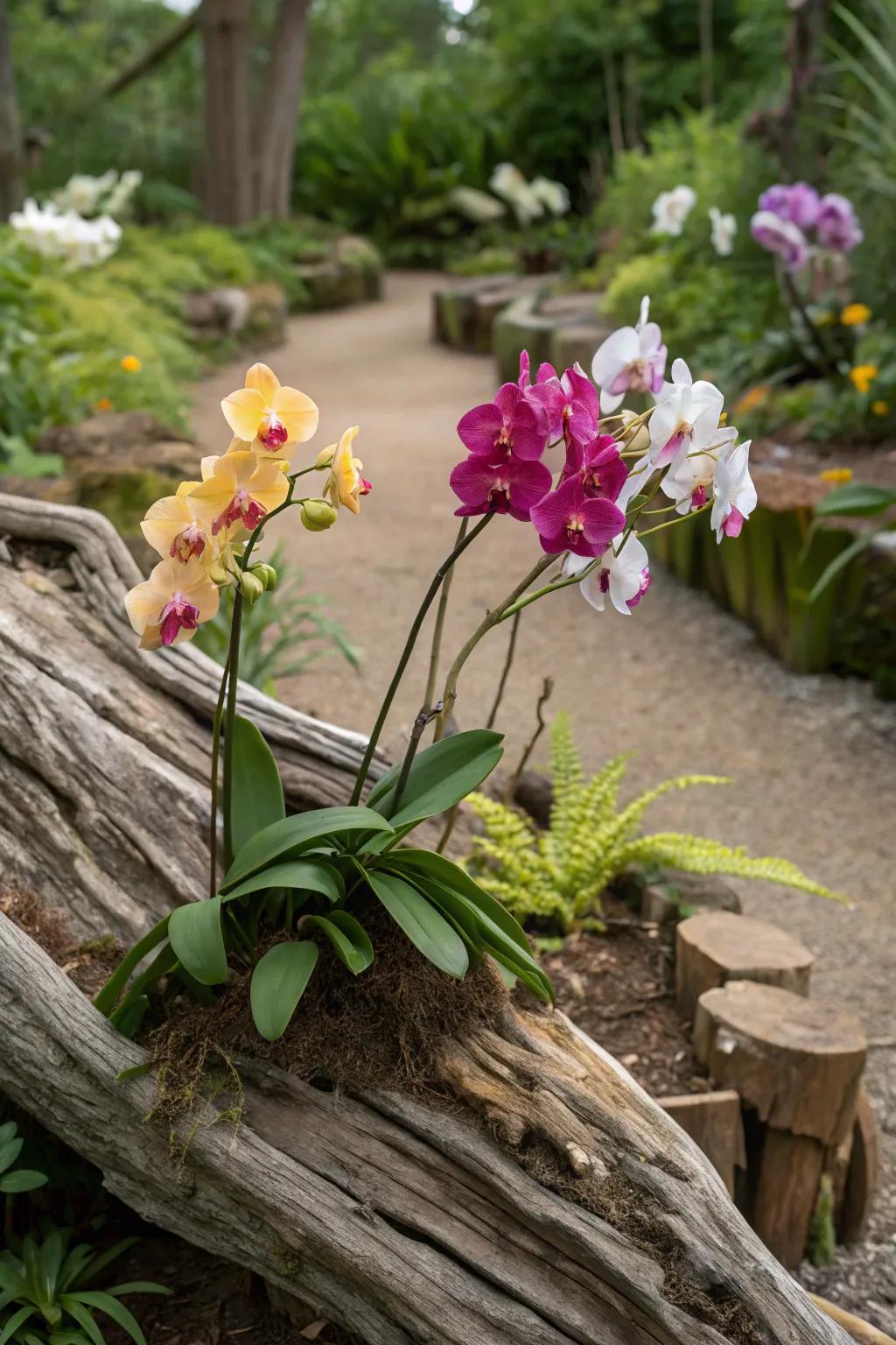Driftwood adds a rustic charm to orchid displays.