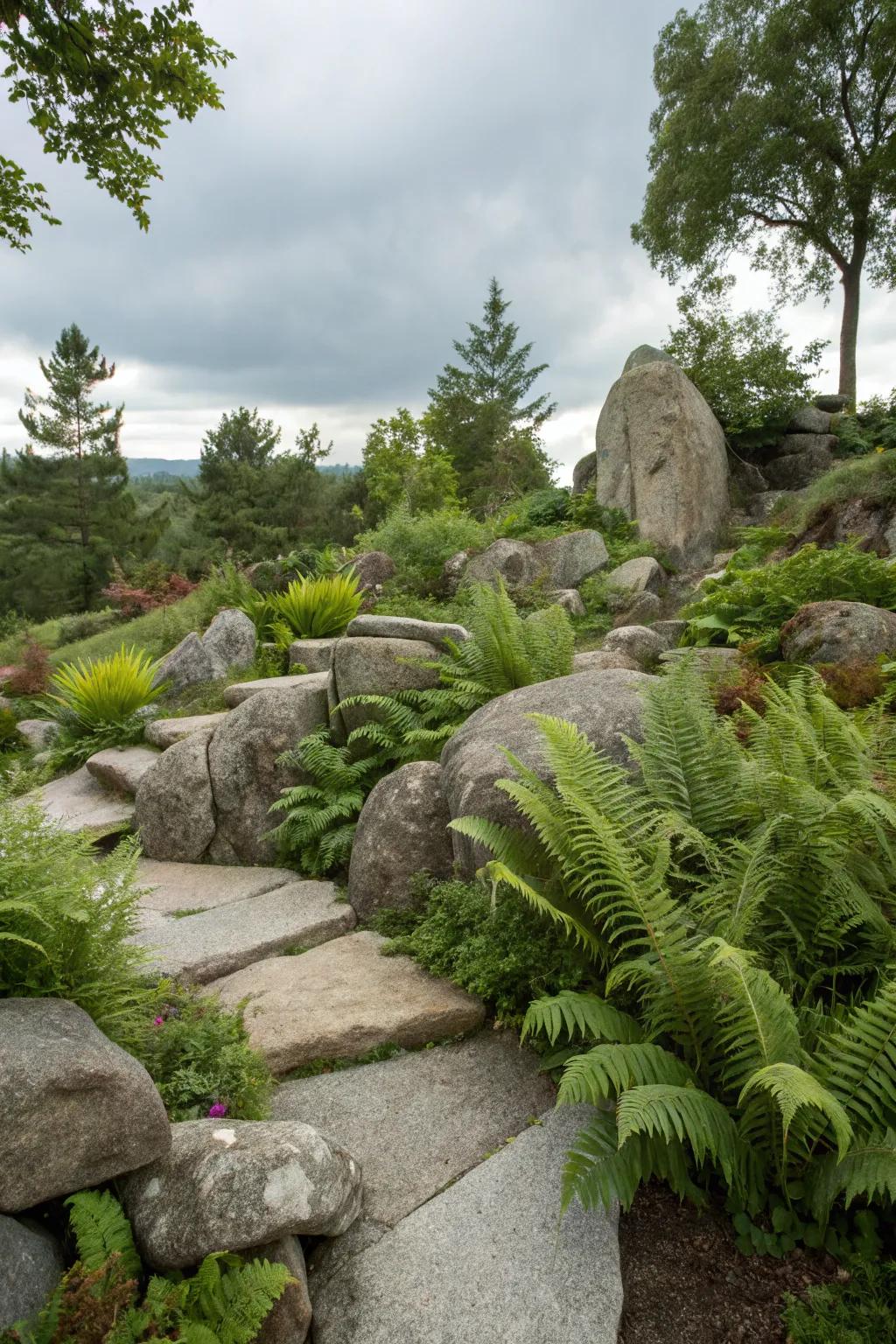 Ostrich ferns adding lushness to a rock garden setting.
