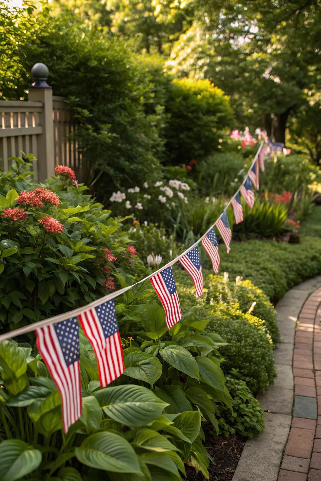 Flag garlands fluttering in the breeze create a festive atmosphere.