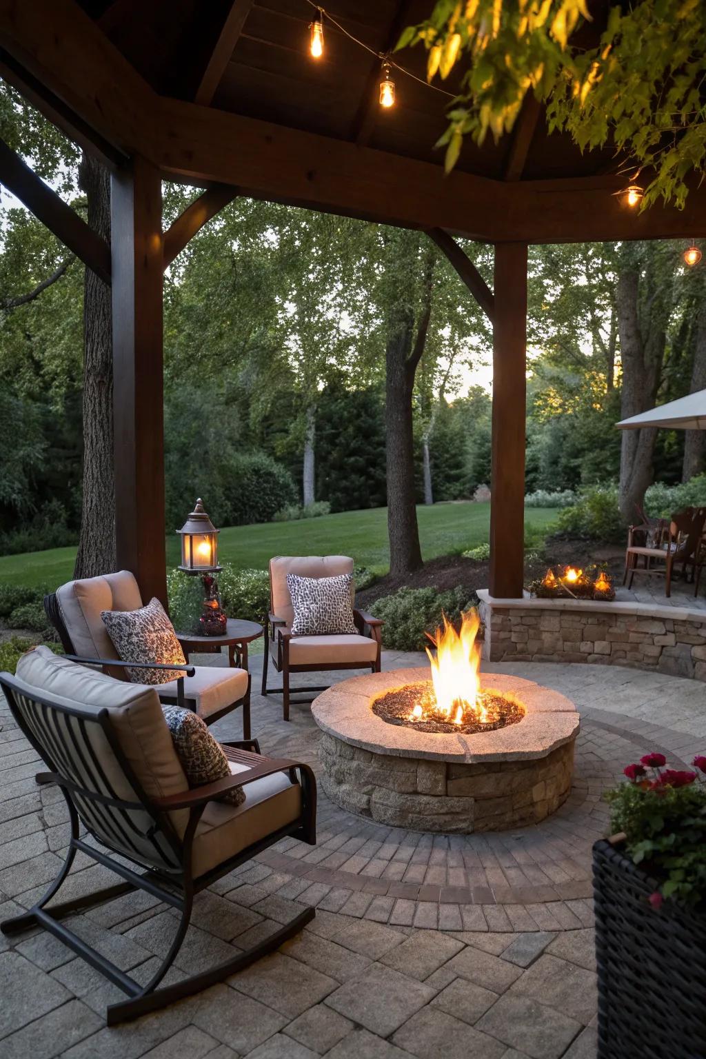 A fire pit turns an outdoor alcove into a cozy gathering space.