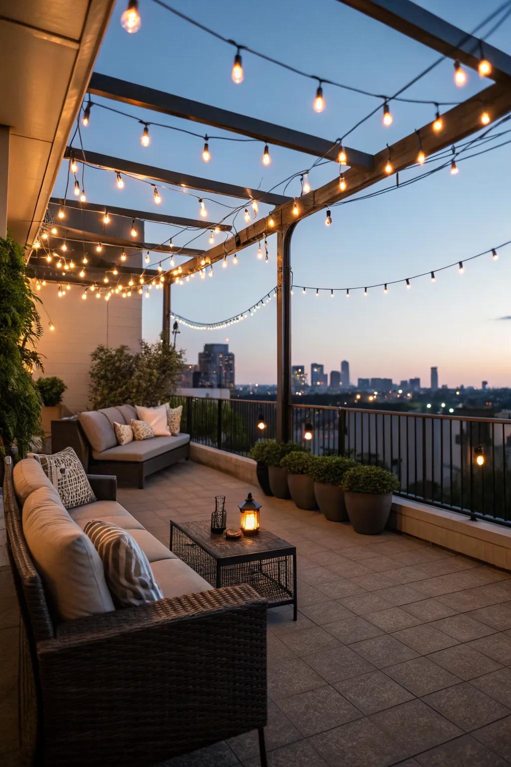 String lights bring a warm glow to this inviting outdoor space.