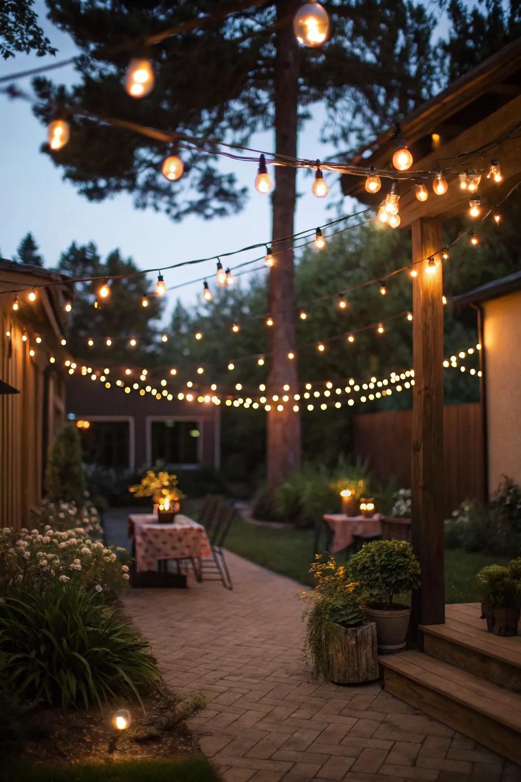Enchanting outdoor scene illuminated with string lights.