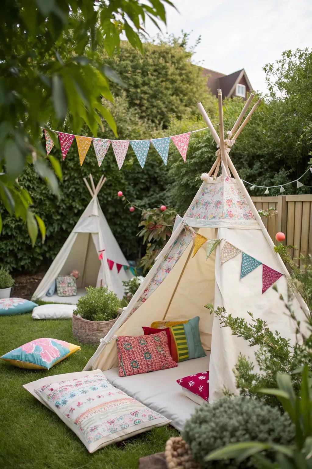 Charming teepee tents offer a fun hideaway for little adventurers.