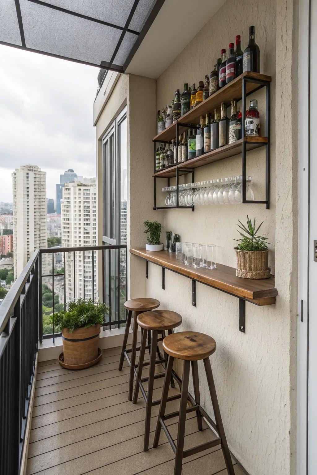 Maximize space with a sleek wall-mounted bar setup.