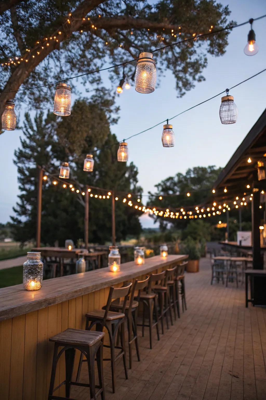 Mason jar lanterns provide warm, budget-friendly lighting for your outdoor bar.