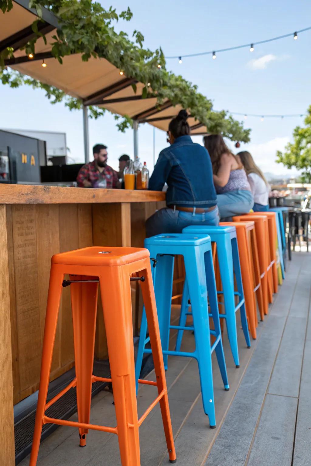 Brighten up your outdoor bar with vibrant, colorful stools.