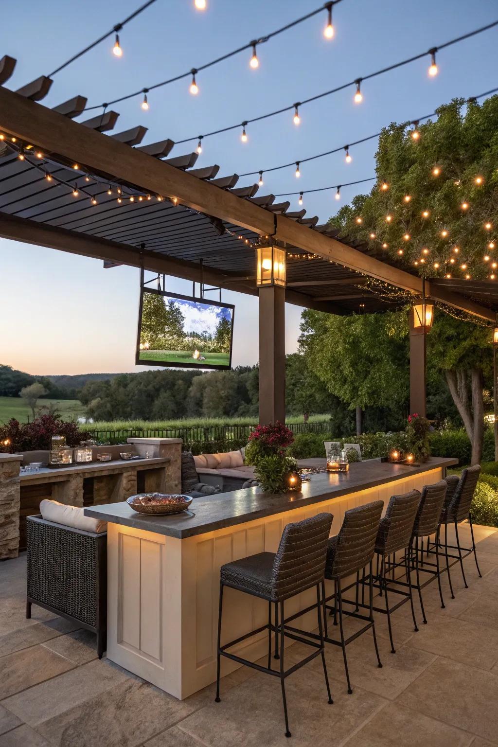 A pergola provides shade and style for this outdoor TV bar.